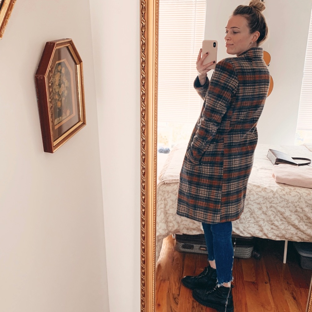 Gray and Orange Plaid Wool Coat - Picture 2 of 3